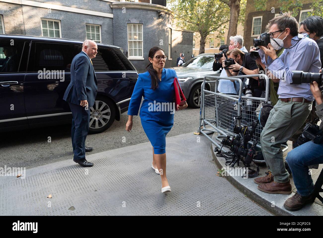 London, Britain. 15th Sep, 2020. Britain's Home Secretary Priti Patel arrives at Downing Street for a Cabinet Meeting in London, Britain, Sept. 15, 2020. British Prime Minister Boris Johnson cleared a major hurdle in the British House of Commons Monday when lawmakers rejected a challenge to his controversial Internal Market Bill. Credit: Ray Tang/Xinhua/Alamy Live News Stock Photo
