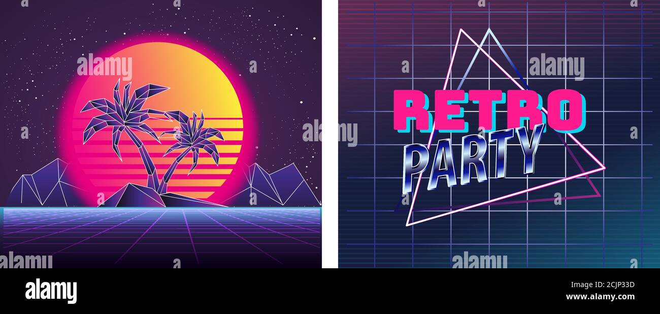 Retro future, slogan give me back 80's, futuristic landscape, mountains. Sci-Fi Background. 80s Party Background. Retro Wave music album cover templat Stock Vector