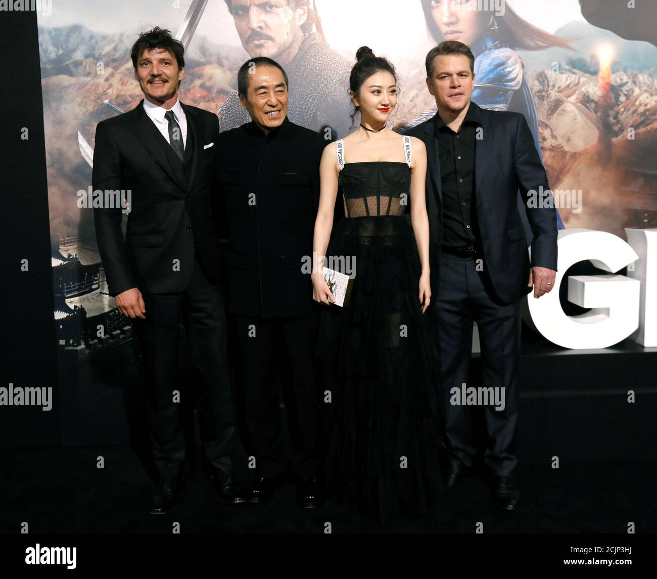 Director Of The Movie Zhang Yimou 2nd L Poses With Cast Members L R Pedro Pascal Tian Jing And Matt Damon At The Premiere Of The Great Wall In Los Angeles California U S