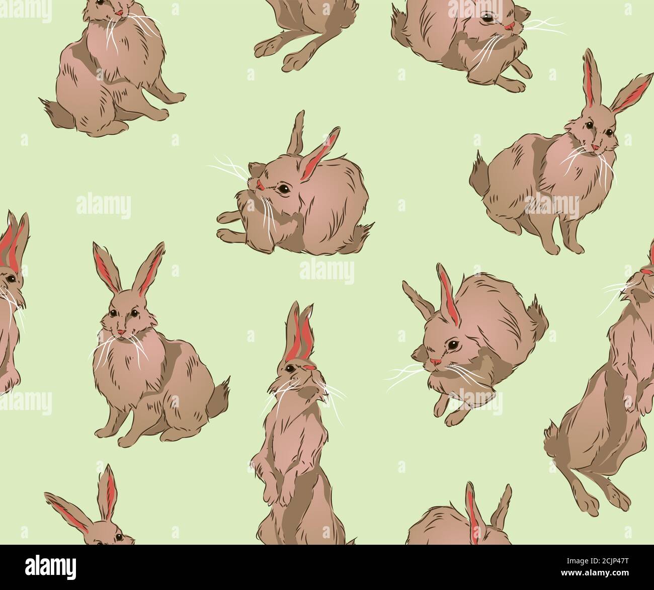 patterns with cute fluffy bunnies standing or sitting, llustration the art of a watercolor drawing of three cute rabbits sitting on a soft light surfa Stock Vector