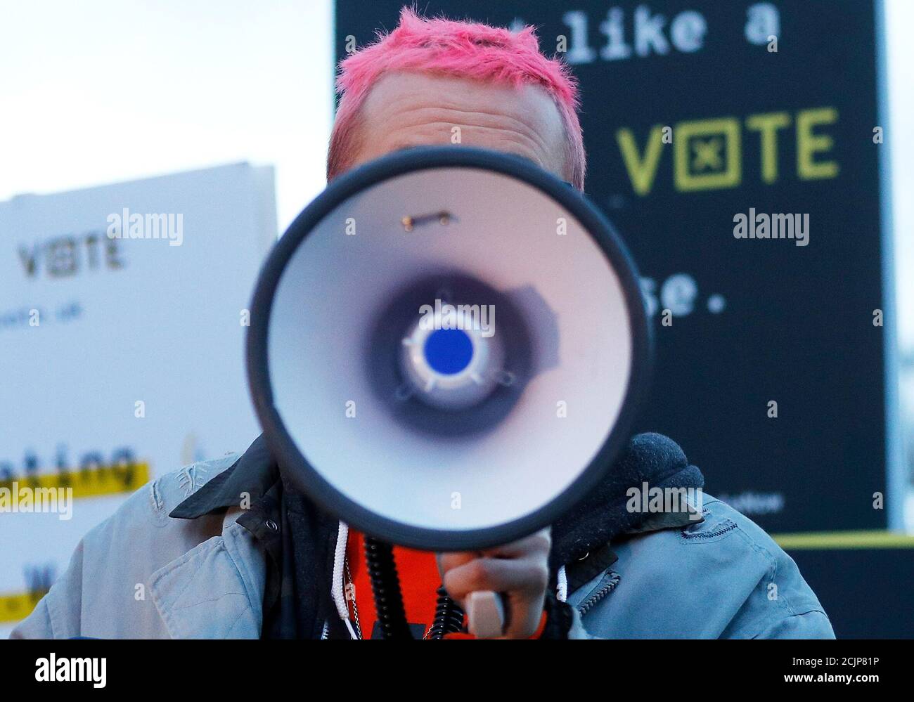 Whistleblower Christopher Wylie speaks at a protest opposite Parliament in London, Britain, March 29, 2018. REUTERS/Peter Nicholls Stock Photo