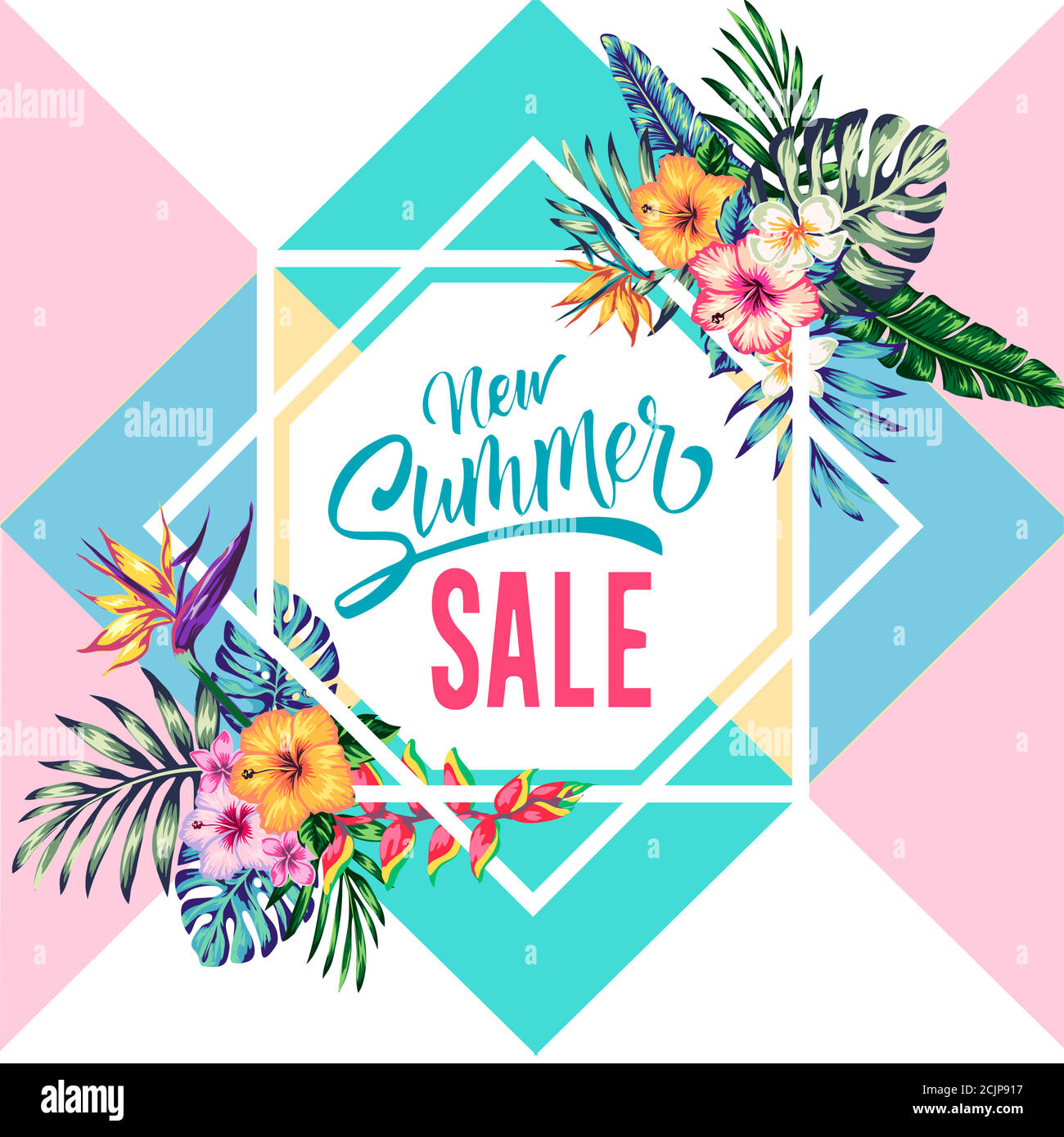 tropical collection with exotic flowers and leaves vector design ...