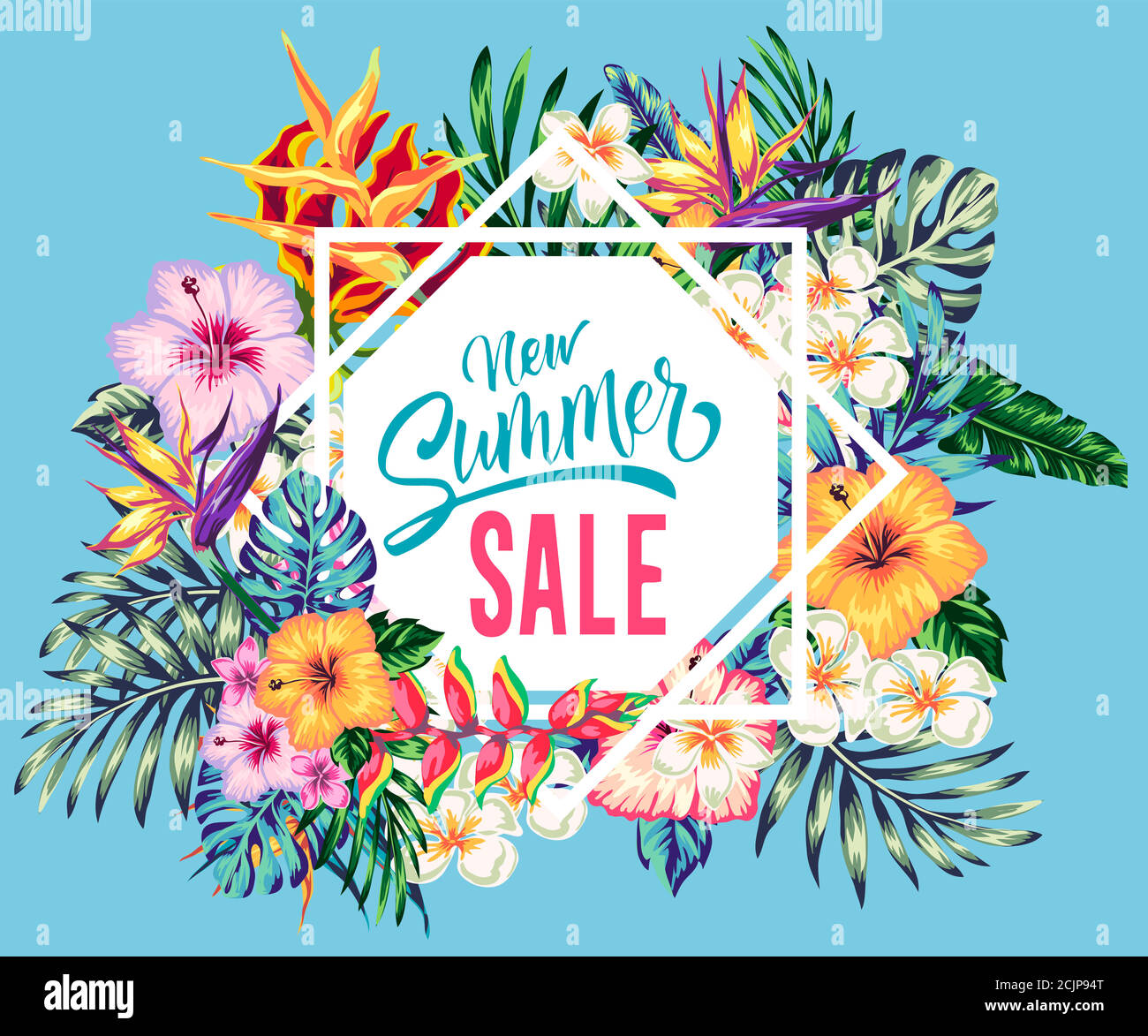 tropical collection with exotic flowers and leaves vector design ...