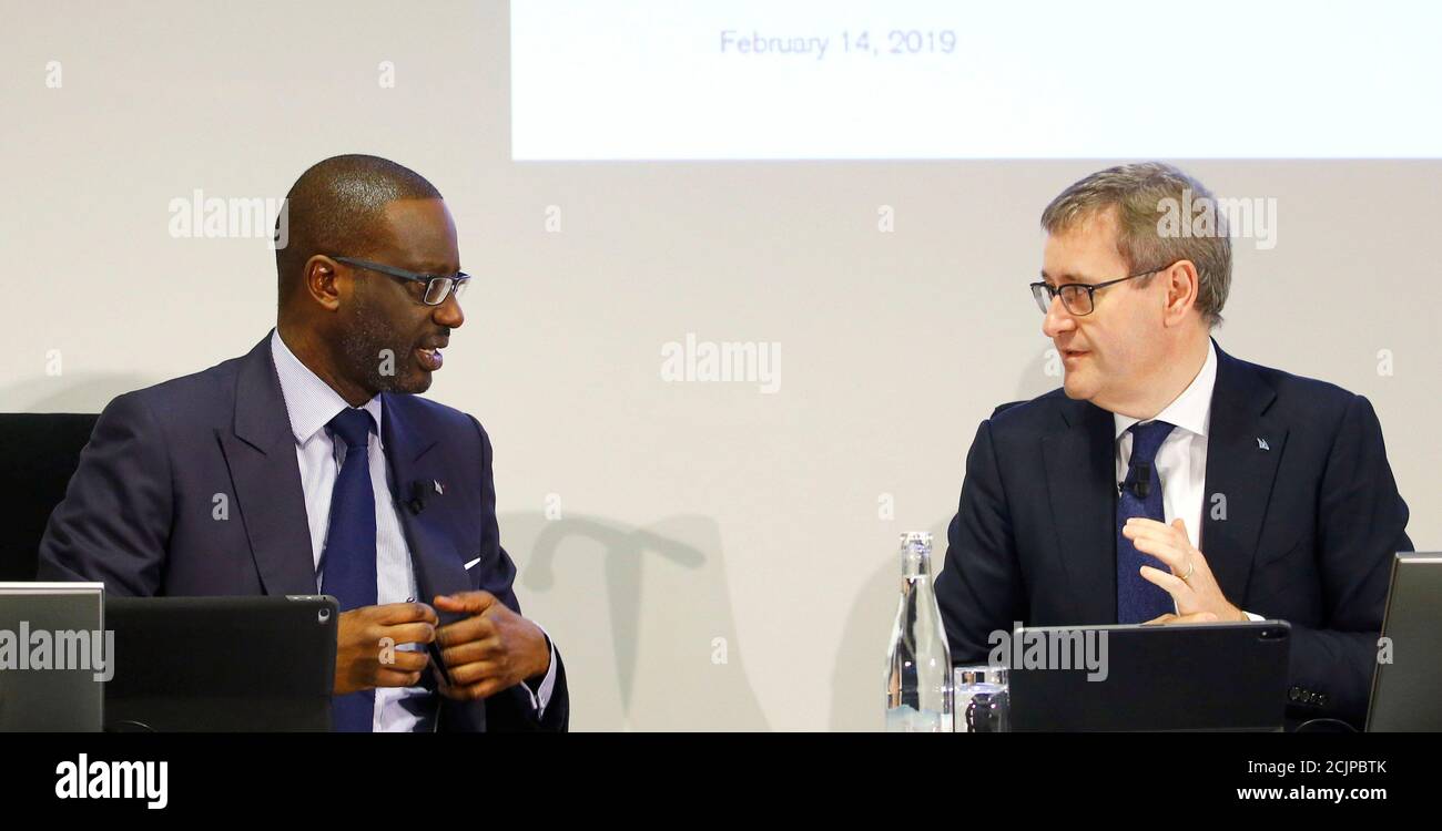 ceo-tidjane-thiam-l-of-swiss-bank-credit-suisse-talks-to-cfo-david-mathers-before-the-company-s-annual-news-conference-in-zurich-switzerland-february-14-2019-reuters-arnd-wiegmann-stock-photo-alamy
