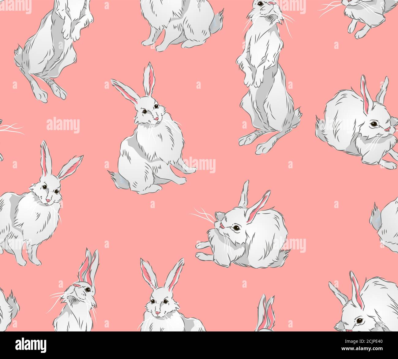 patterns with cute fluffy bunnies standing or sitting, llustration the art of a watercolor drawing of three cute rabbits sitting on a soft light surfa Stock Vector