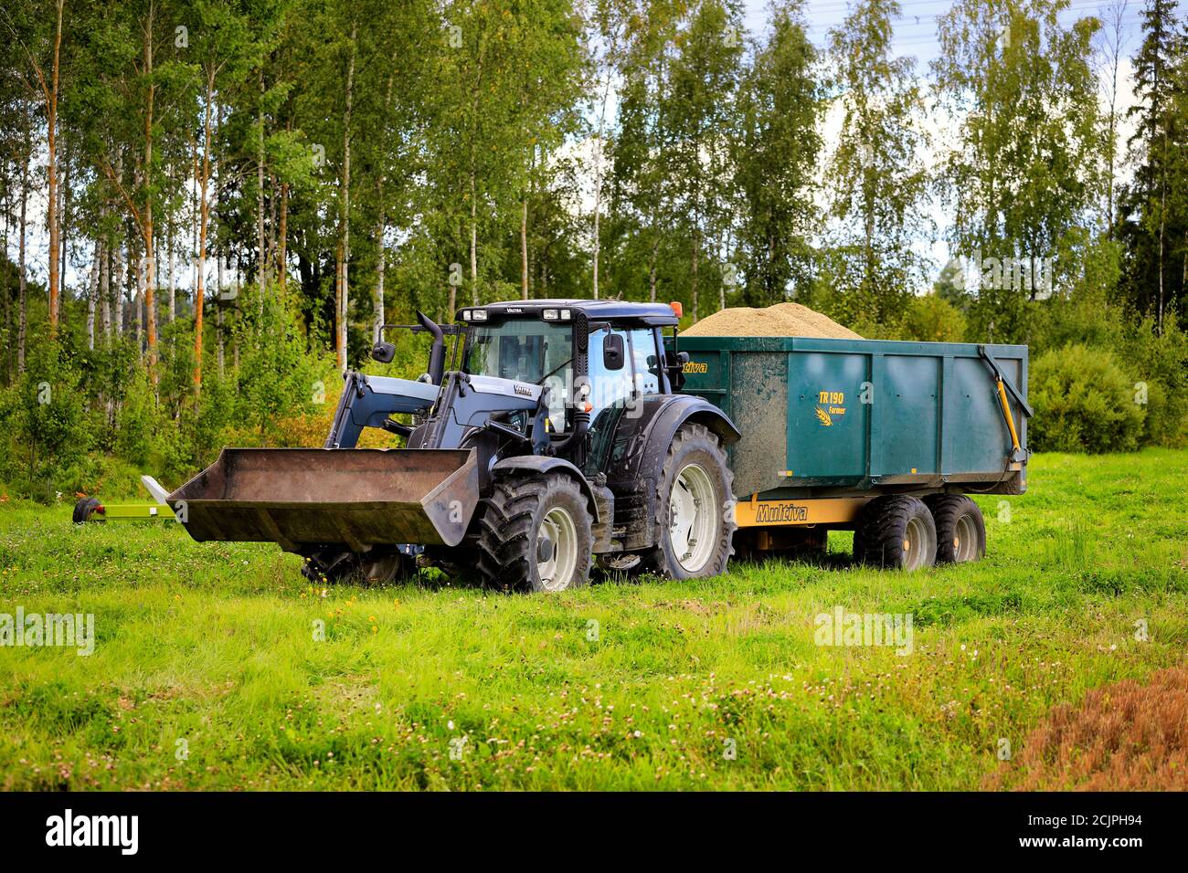 Silver Valtra farm tractor with Multiva trailer load of harvested grain by field on a clear day of autumn harvest. Koski Tl, Finland. September 11, 20 Stock Photo