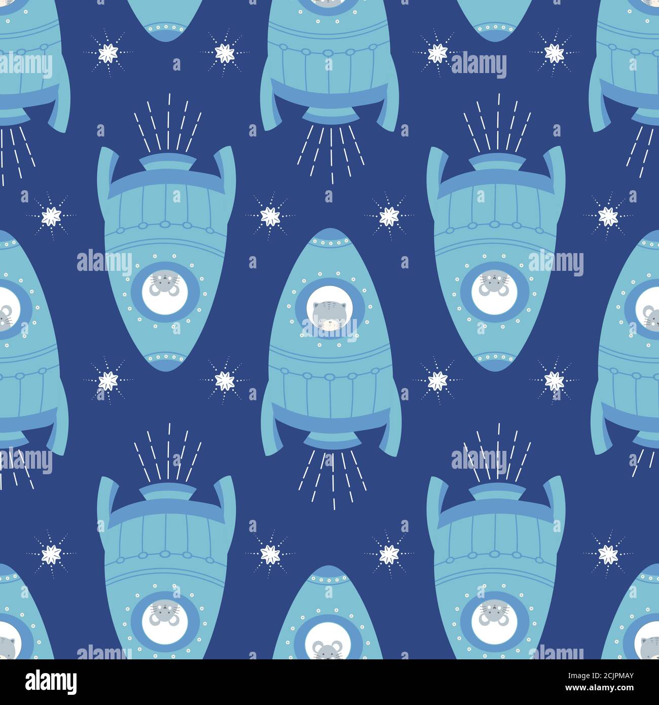 Space rocket pattern design with cats and mice,vector seamless repeat background. Stock Vector