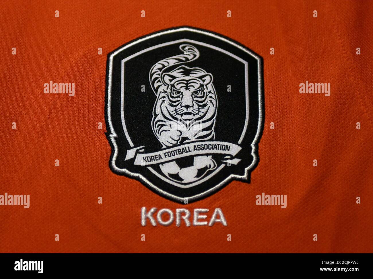 The logo of the Korean Football Association is emblazoned on an apparel at a football