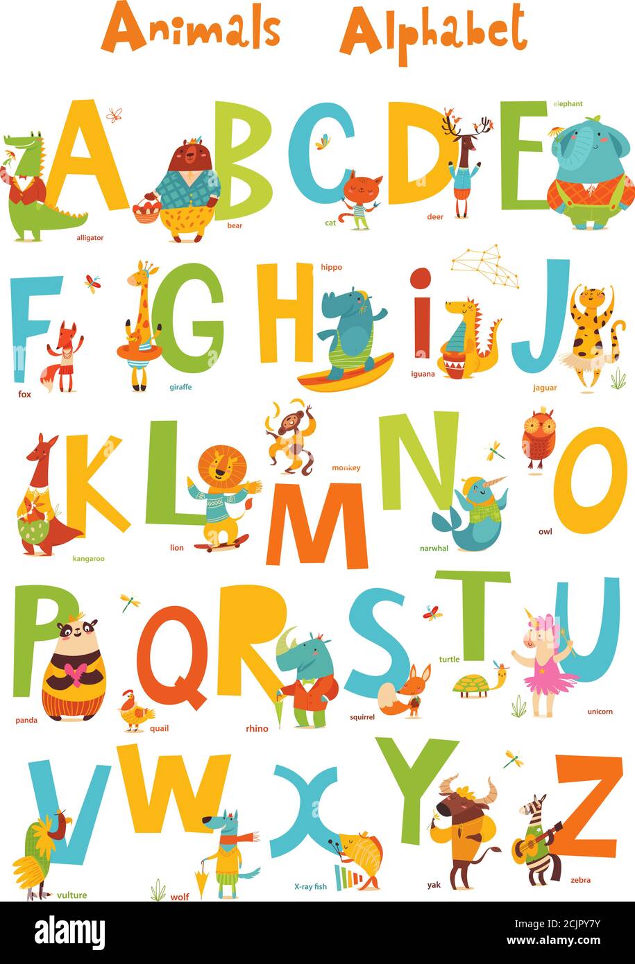 Vector animals ABC with cute cartoon animals characters and letters. Stock Vector