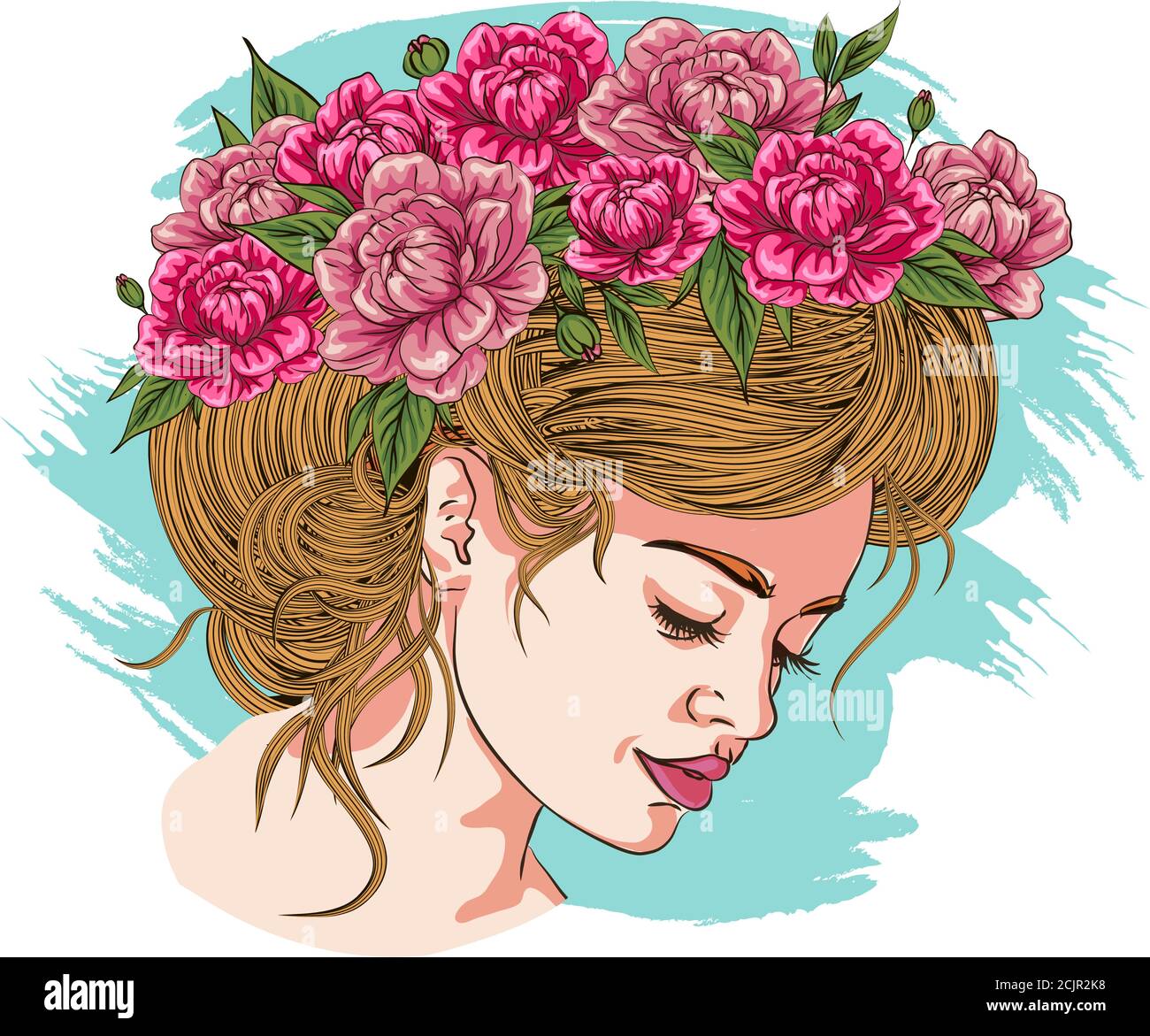 Spring look model. Beautiful girl in a wreath of peonies and roses ...
