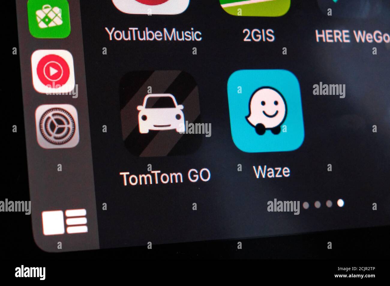 Youtube music, TomTom go logo of Apple carplay on the screen of cars  dashboard, September 2020, San Francisco, USA Stock Photo - Alamy