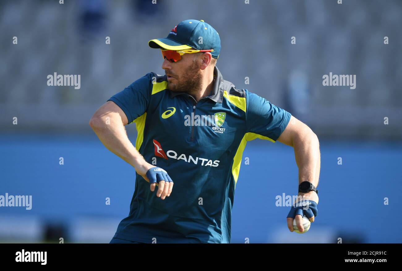 Aaron Finch during an Australia net session at Old Trafford, Manchester. Stock Photo