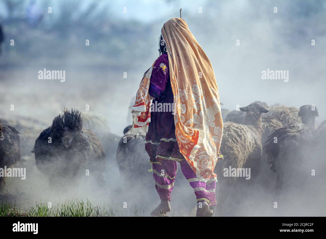 Shallow focus shot of a female shepherd in traditional clothes Stock Photo
