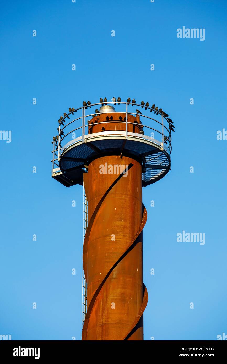 Top of a rusty steel smokestack, work platform and a flock of western jackdaws ( Corvus monedula ) resting and helical strakes vortex damper , Finland Stock Photo