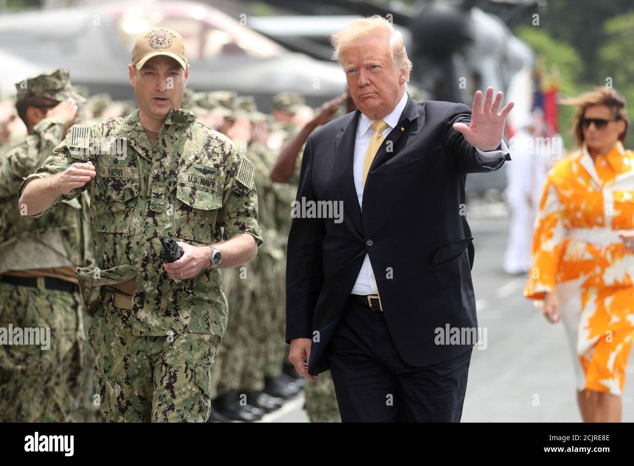 U.S. President Donald Trump gestures aboard the USS Wasp (LHD 1) in Yokosuka, south of Tokyo, Japan May 28, 2019. REUTERS/Jonathan Ernst Stock Photo