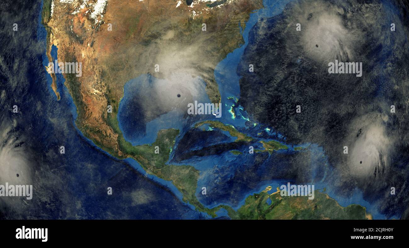 Hurricane Sally Paulette Teddy and Karina approaching the USA. Shot from Space. Elements of this 3D image are furnished by NASA. Stock Photo