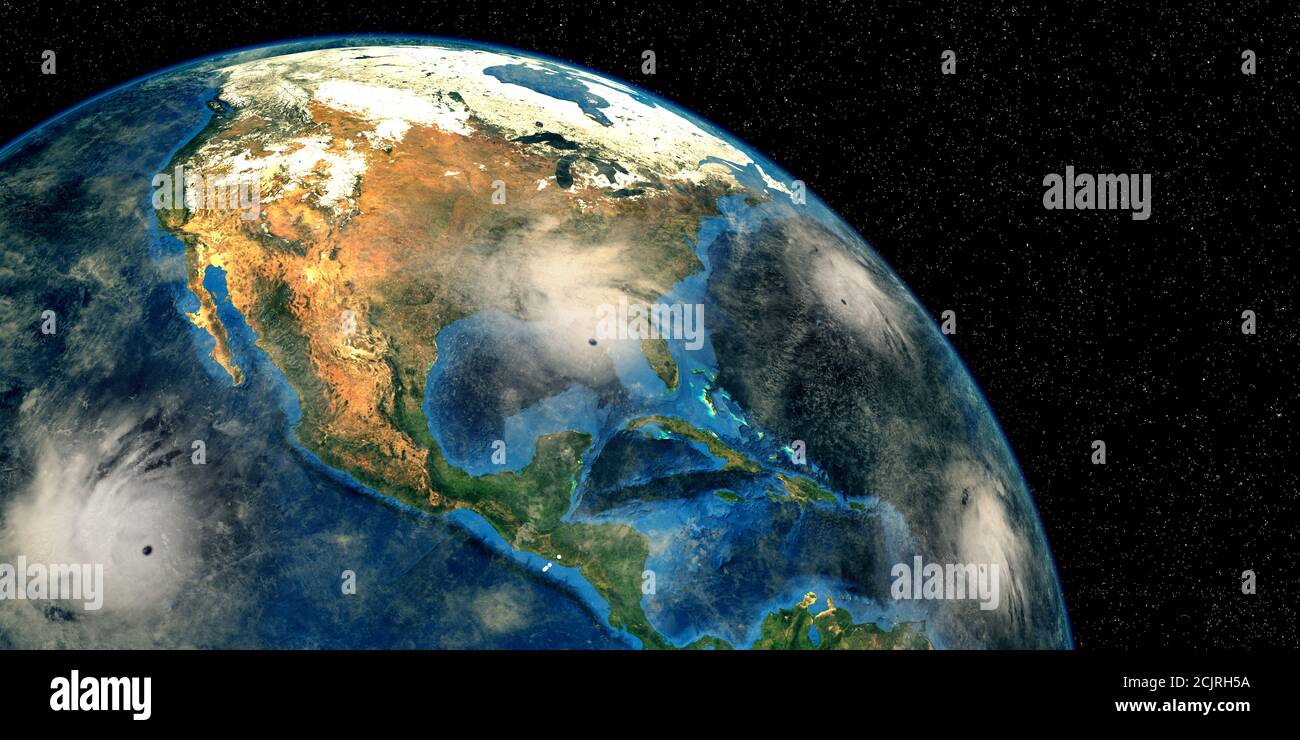 Hurricane Sally Paulette Teddy and Karina approaching the USA. Shot from Space. Elements of this 3D image are furnished by NASA. Stock Photo