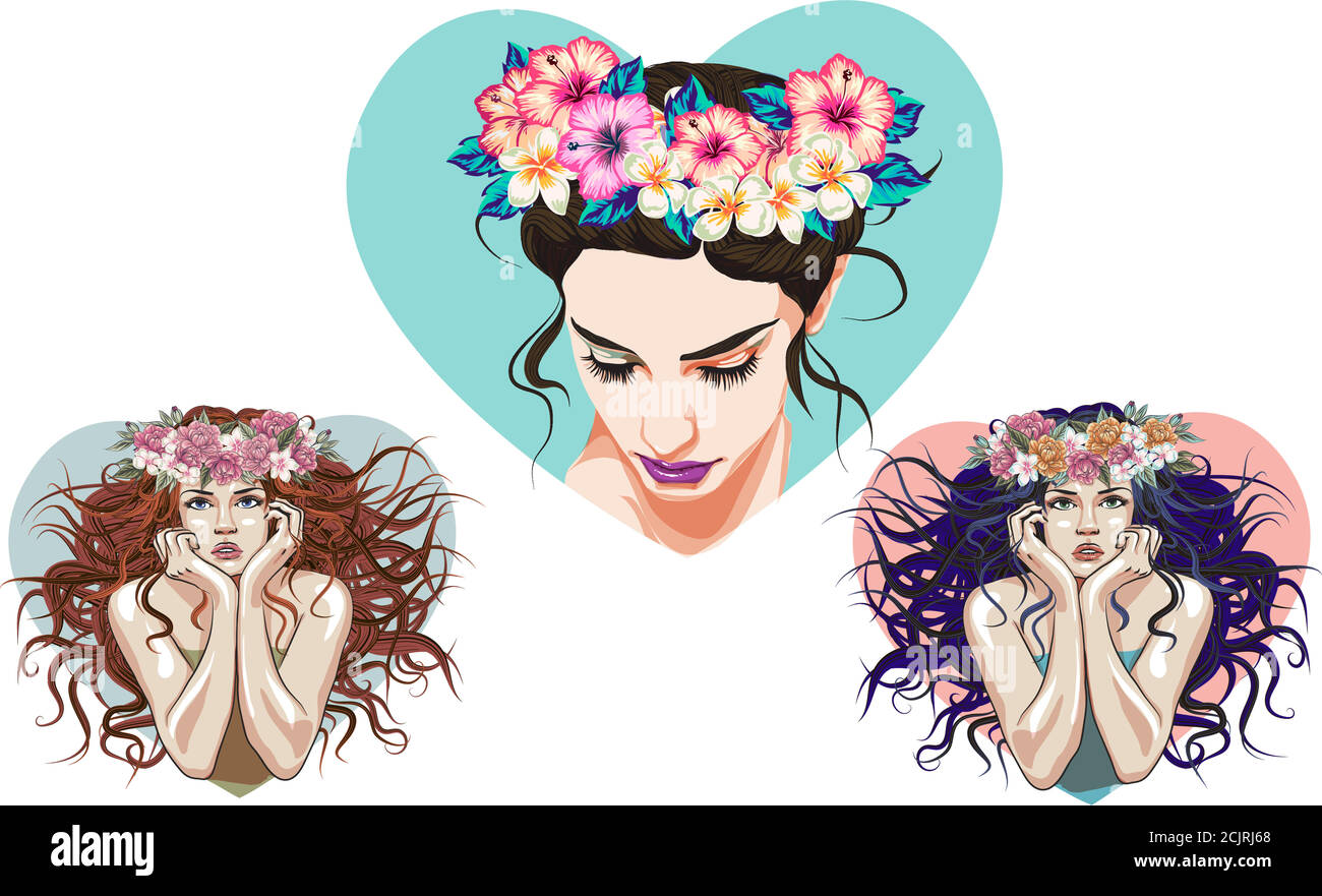 Spring look model. Beautiful girl in a wreath of peonies and roses ...