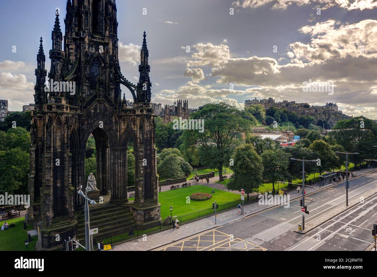 View from the old Waverley hotel of the Scott Monument and Edinburgh Castle on Princes Street Stock Photo