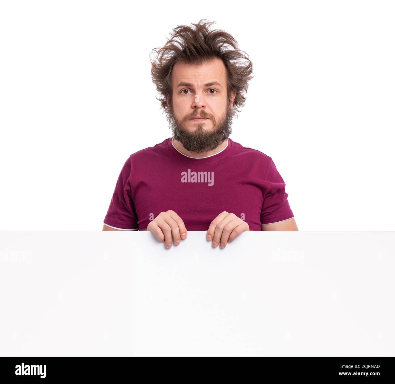 Crazy man with blank signboard Stock Photo