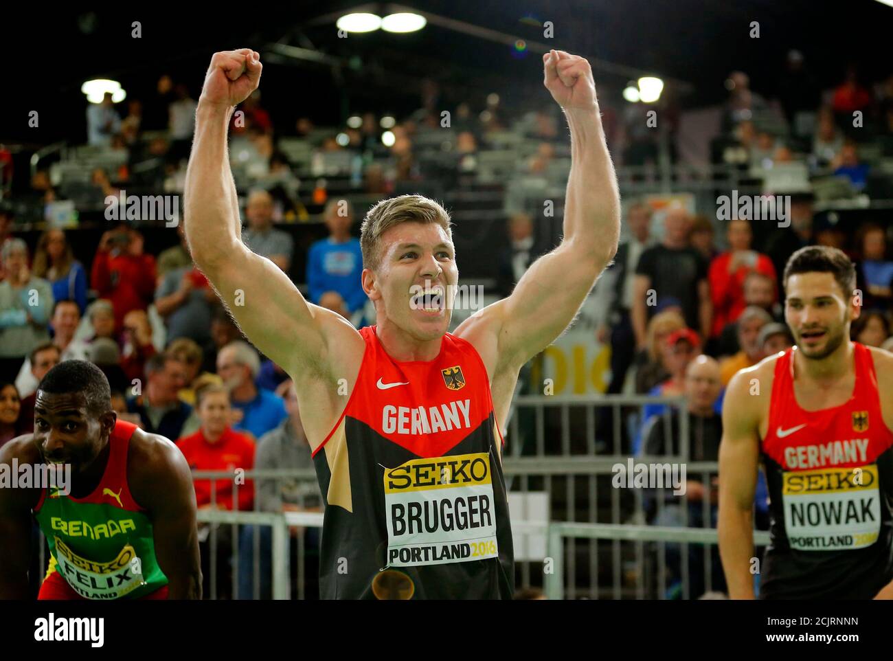 Mathias Brugger of Germany celebrates his bronze medal in the men's heptathlon during the IAAF World Indoor Athletics Championships in Portland, Oregon March 19, 2016. REUTERS/Mike Blake Stock Photo