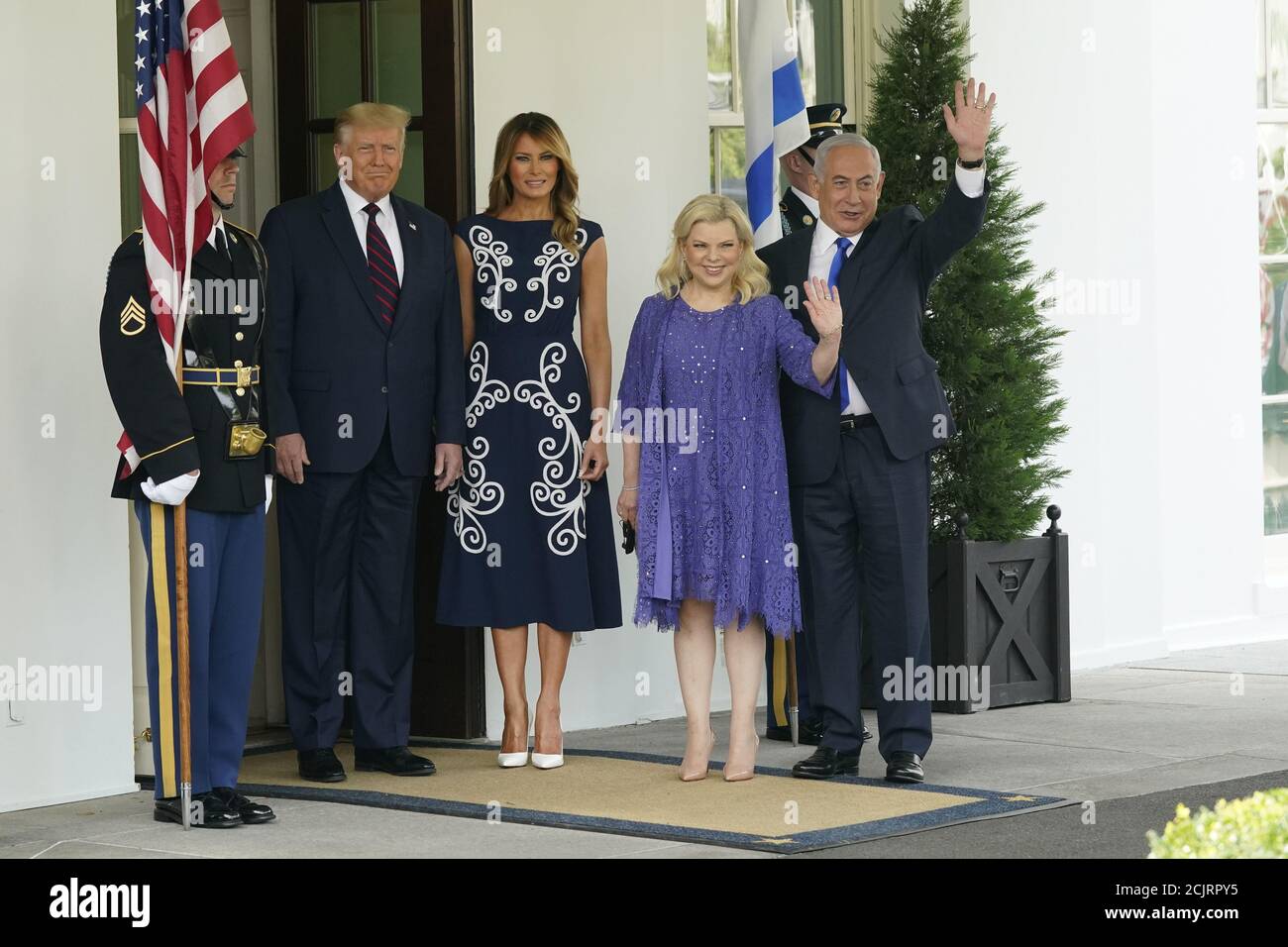 Washington DC, USA. 15th Sep, 2020. President Donald J. Trump and first lady Melania Trump welcome Prime Minister Benjamin Netanyahu of Israel, and his wife Sara, to the White House in Washington, DC on Tuesday, September 15, 2020. Netanyahu is in Washington to sign the Abraham Accords, a peace treaty between Israel and the United Arab Emirates, and a declaration of intent to make peace with Bahrain. Credit: UPI/Alamy Live News Stock Photo