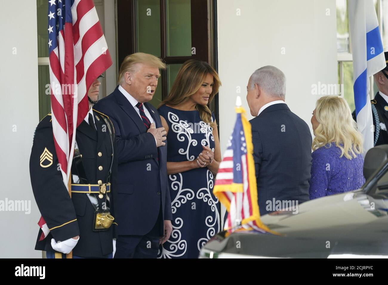 Washington DC, USA. 15th Sep, 2020. President Donald J. Trump and first lady Melania Trump welcome Prime Minister Benjamin Netanyahu of Israel, and his wife Sara, to the White House in Washington, DC on Tuesday, September 15, 2020. Netanyahu is in Washington to sign the Abraham Accords, a peace treaty between Israel and the United Arab Emirates, and a declaration of intent to make peace with Bahrain. Credit: UPI/Alamy Live News Stock Photo