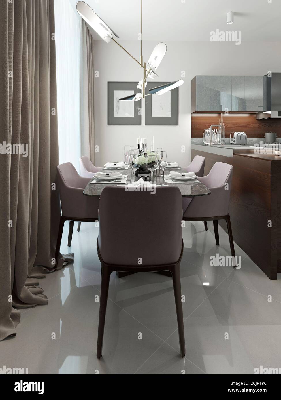 Dining room modern design. 3d render Stock Photo