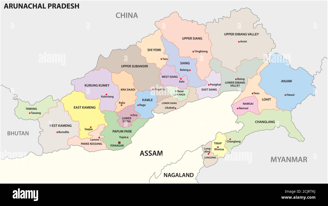 administrative and political map of indian state of Arunachal Pradesh 2020, india Stock Vector