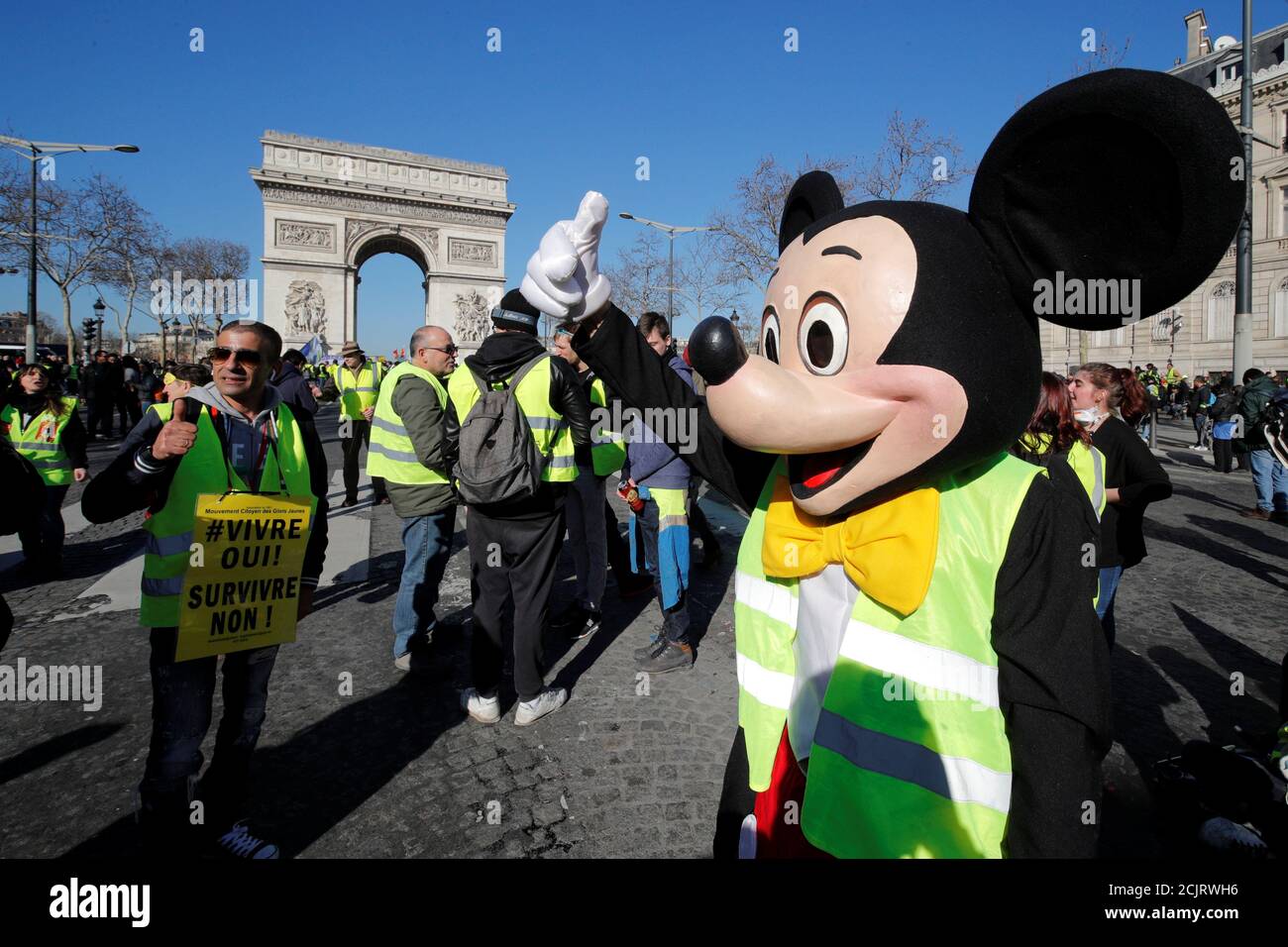 A protester wearing a Mickey Mouse costume reacts on the Champs Elysees  near the Arc de Triomphe during a demonstration by the "yellow vests"  movement in Paris, France, February 23, 2019. REUTERS/Philippe