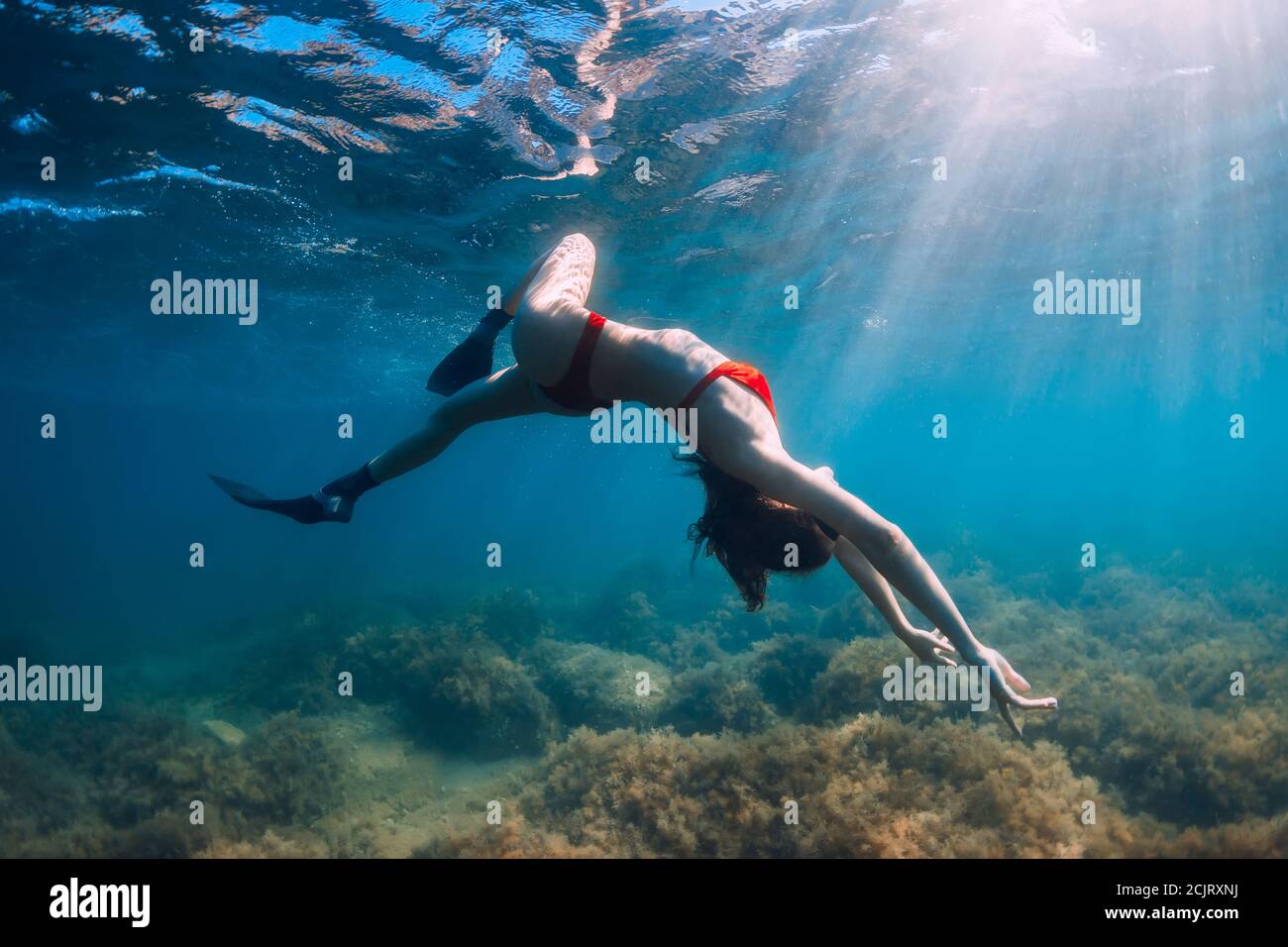 Freediver slim woman in bikini glides in blue sea and sun rays. Freediving  with fins underwater in ocean Stock Photo - Alamy