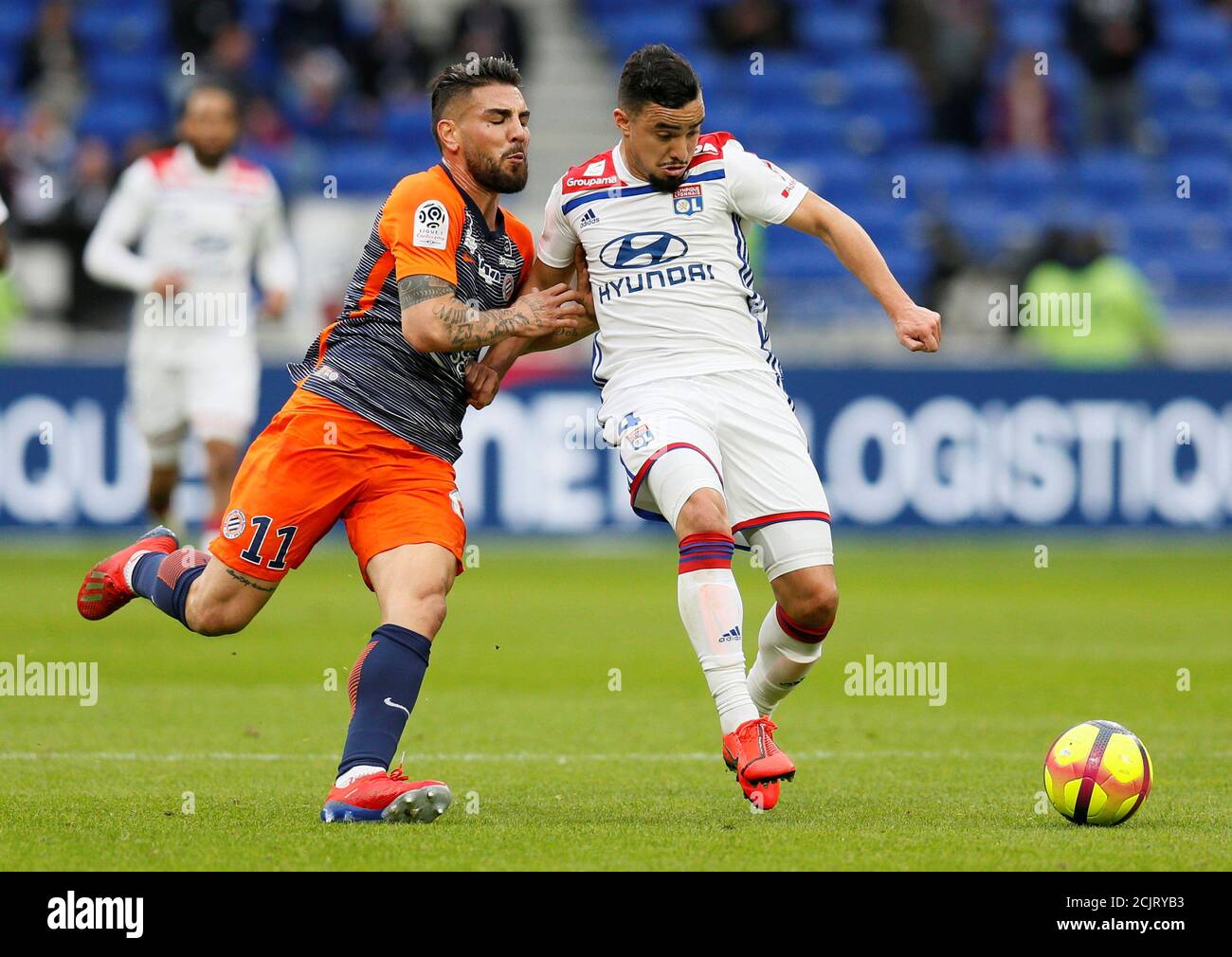 Soccer Football - Ligue 1 - Olympique Lyonnais v Montpellier - Groupama  Stadium, Lyon, France - March 17, 2019 Montpellier's Andy Delort in action  with Lyon's Rafael REUTERS/Emmanuel Foudrot Stock Photo - Alamy