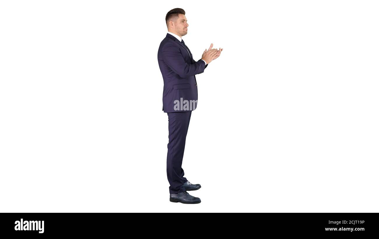 Business man clapping hands on white background. Stock Photo