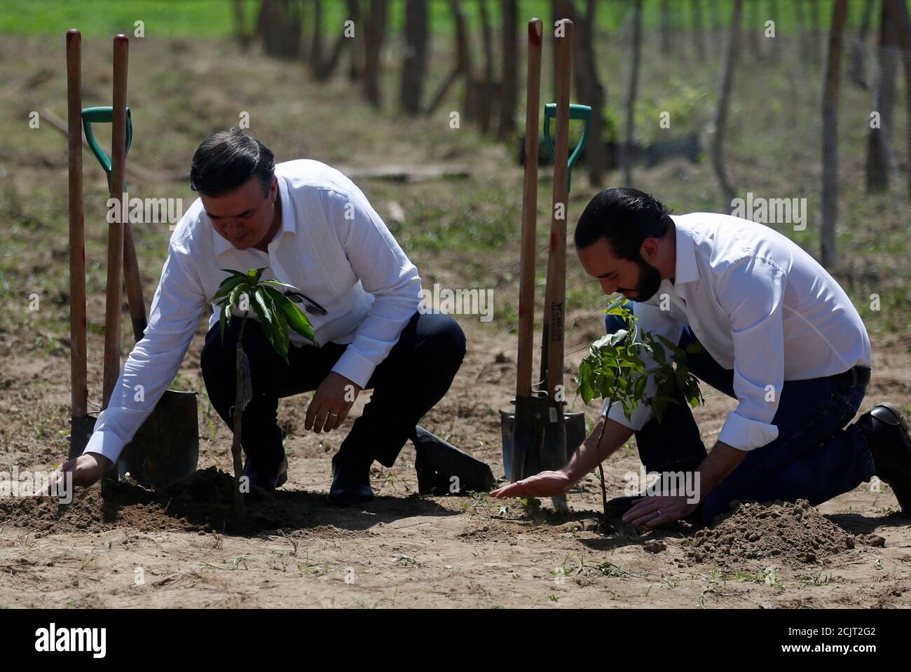 REFILE - CORRECTING GRAMMAR El Salvador's President Nayib Bukele and Mexico's Foreign Minister Marcelo Ebrard participate in a ceremony as part of the new migration plan "Sembrando Vida", between Mexico and Central America, in San Pedro Masahuat, El Salvador, July 19, 2019. REUTERS/Jose Cabezas Stock Photo