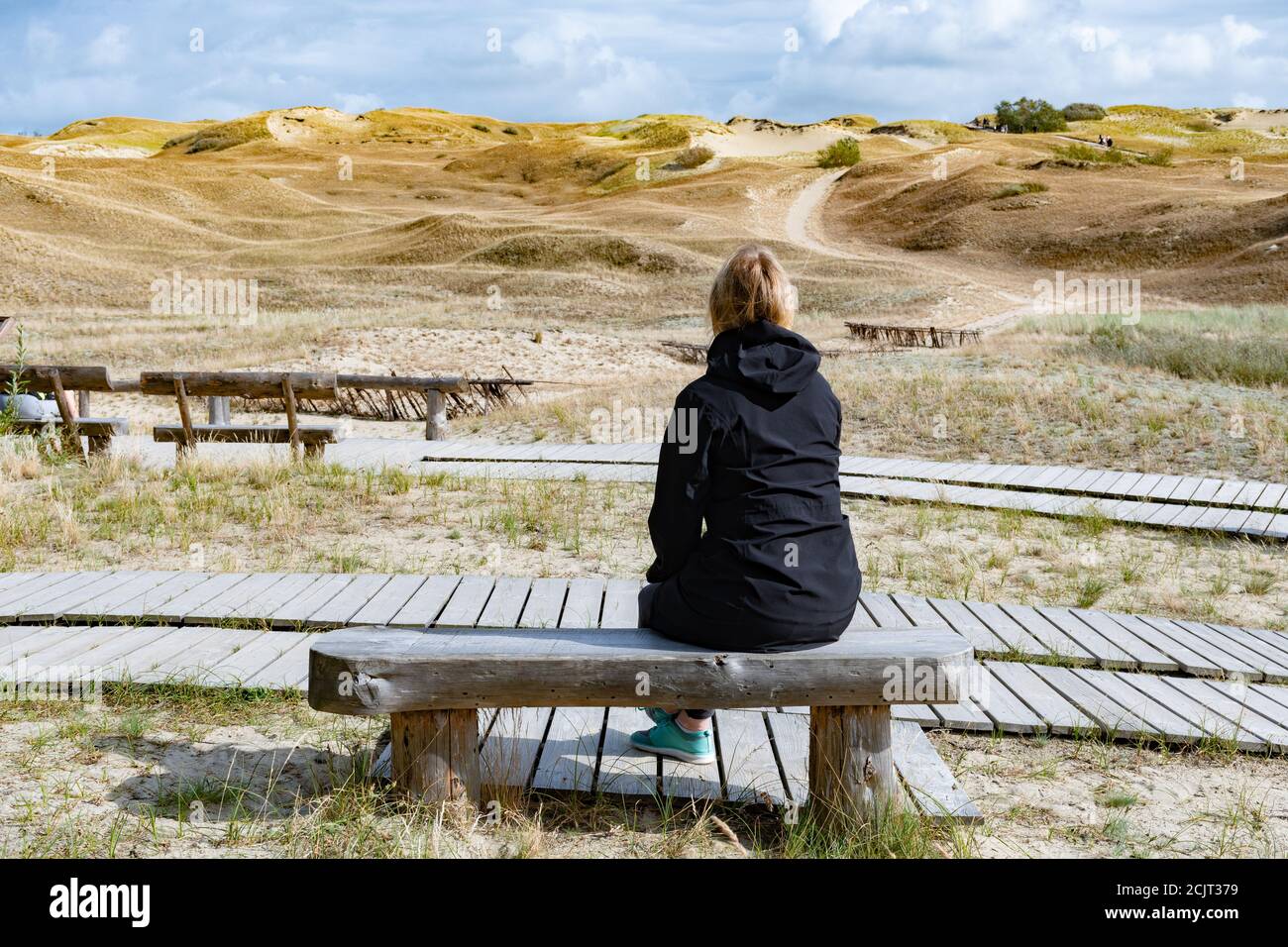 Blonde hair female on the wooden bench looking at Nagliai Nature Reserve in Neringa, Lithuania. Dead dunes, sand hills built by strong winds, with rav Stock Photo