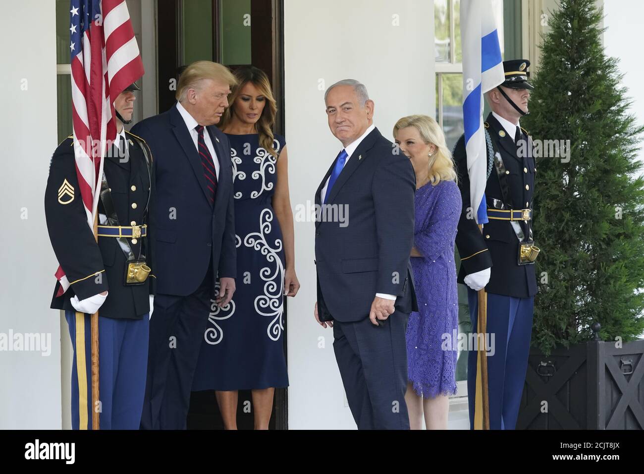United States President Donald J. Trump and first lady Melania Trump welcomes Prime Minister Benjamin Netanyahu of Israel, and his wife Sara, to the White House in Washington, DC on Tuesday, September 15, 2020. Netanyahu is in Washington to sign the Abraham Accords, a peace treaty with the State of Israel.Credit: Chris Kleponis/Pool via CNP /MediaPunch Stock Photo