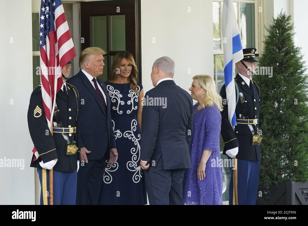 United States President Donald J. Trump and first lady Melania Trump welcomes Prime Minister Benjamin Netanyahu of Israel, and his wife Sara, to the White House in Washington, DC on Tuesday, September 15, 2020. Netanyahu is in Washington to sign the Abraham Accords, a peace treaty with the State of Israel.Credit: Chris Kleponis/Pool via CNP /MediaPunch Stock Photo