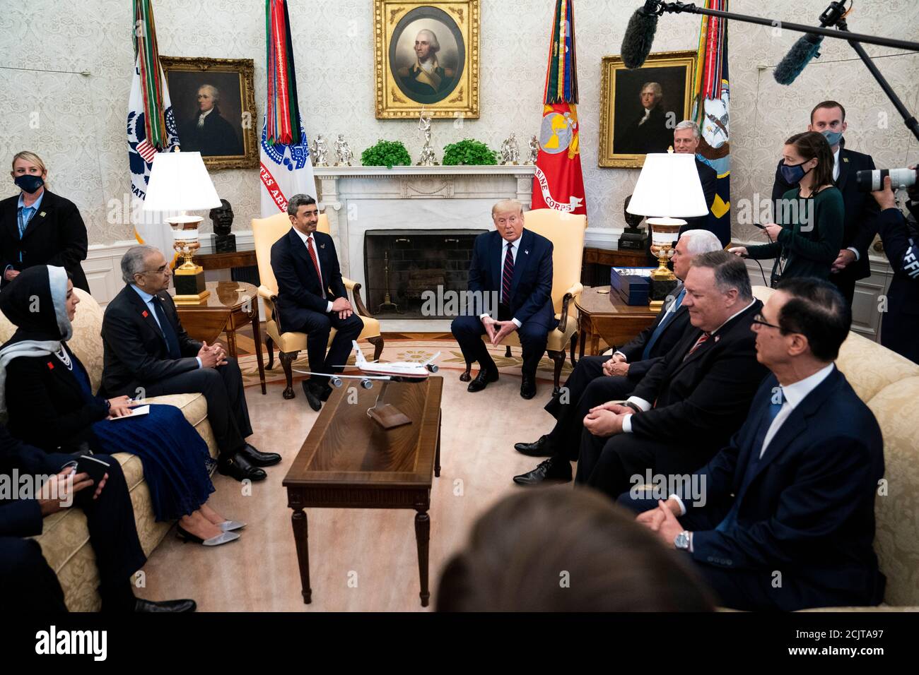 President Donald Trump meets with Abdullah bin Zayed bin Sultan Al Nahyan, Minister of Foreign Affairs and International Cooperation of the United Arab Emirates in the Oval Office of the White House in Washington, DC, Tuesday, Sept. 15, 2020. Credit: Doug Mills/Pool via CNPPresident Donald Trump meets with Abdullah bin Zayed bin Sultan Al Nahyan, Minister of Foreign Affairs and International Cooperation of the United Arab Emirates in the Oval Office of the White House in Washington, DC, Tuesday, Sept. 15, 2020. Credit: Doug Mills/Pool via CNP /MediaPunch Stock Photo