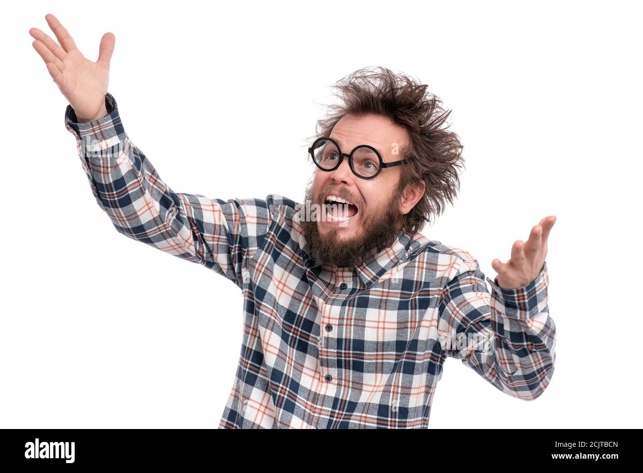 Crazy bearded man emotions and signs Stock Photo