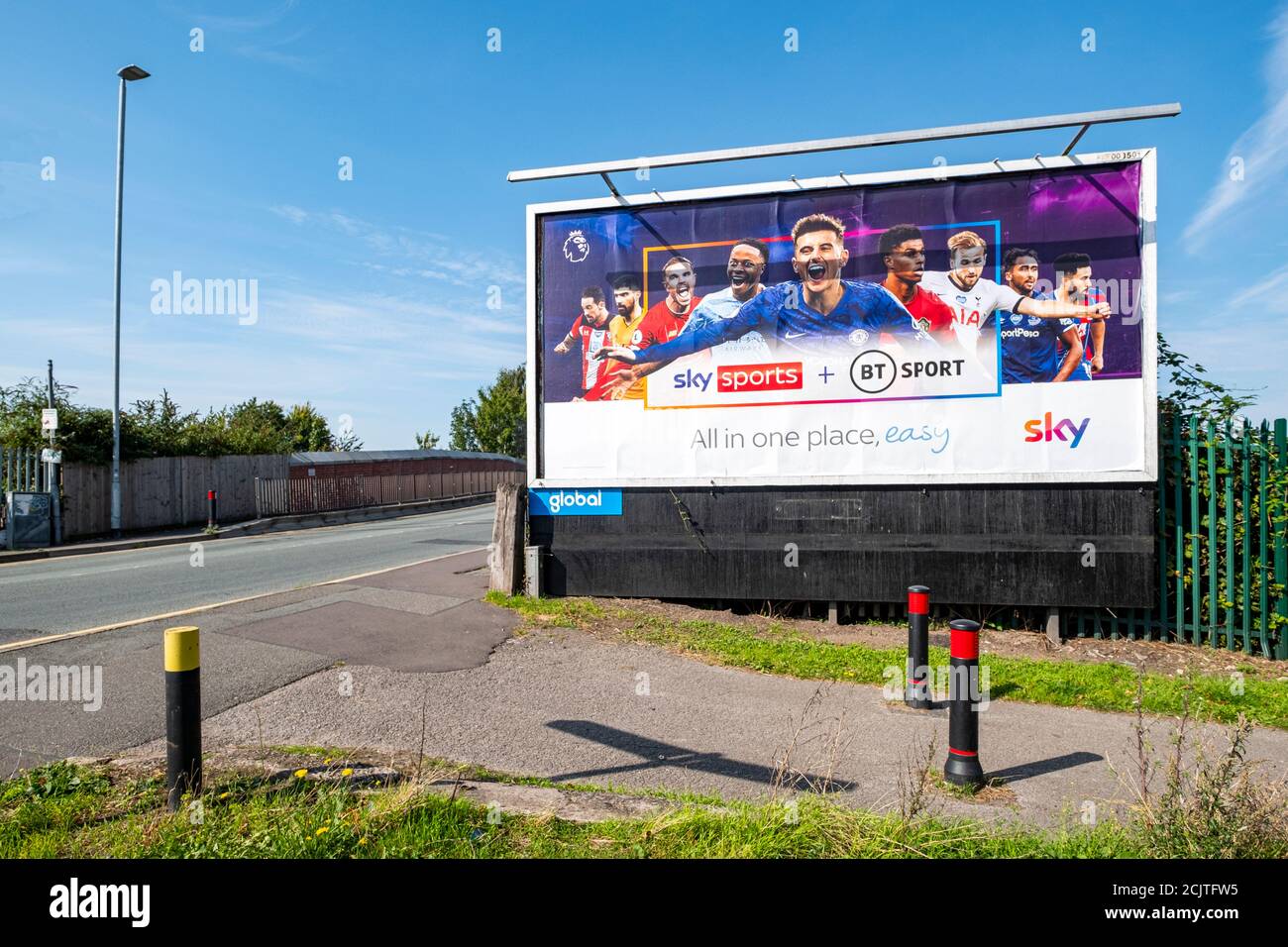 Sky Sports + BT Sport All in one place advert on billboard in Crewe Cheshire UK Stock Photo