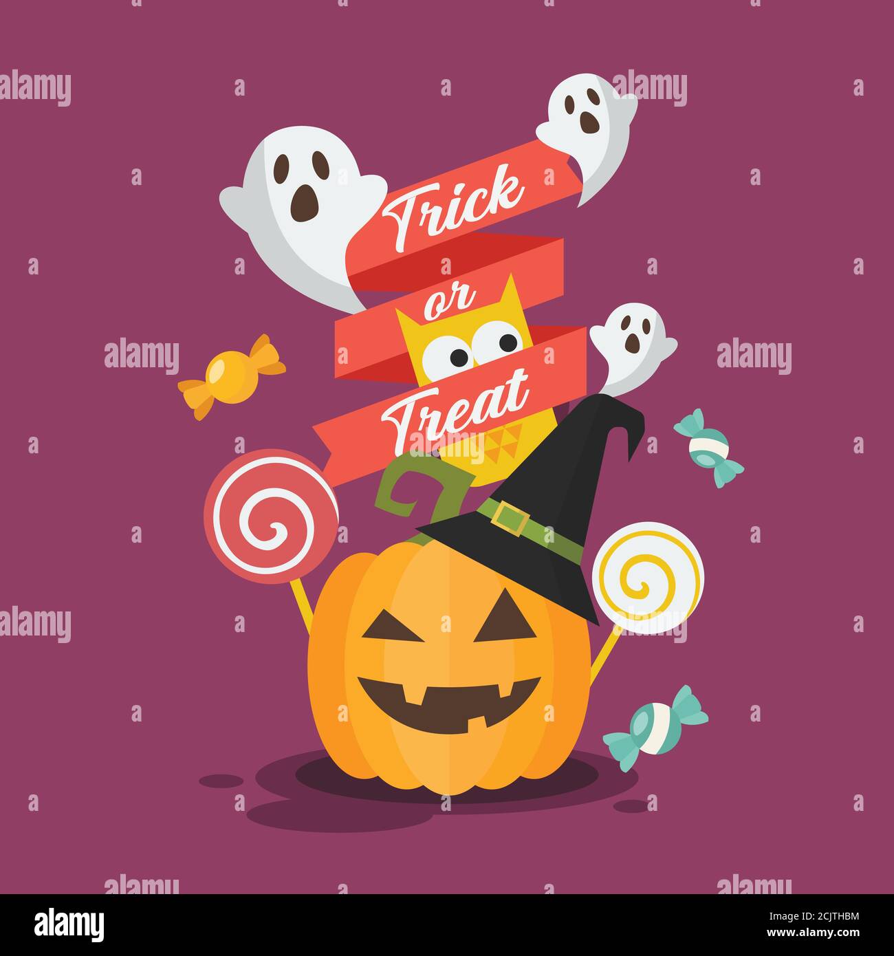 Halloween invitation greeting card. Halloween pumpkin owl and ghost. Vector illustration Stock Vector