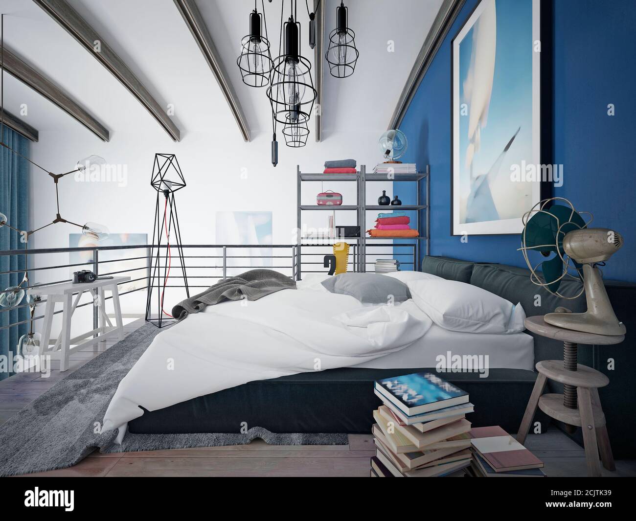 Loft is a teenage bedroom on the second level with a slovenly made bed and  lots of decor and paintings. 3d render Stock Photo - Alamy