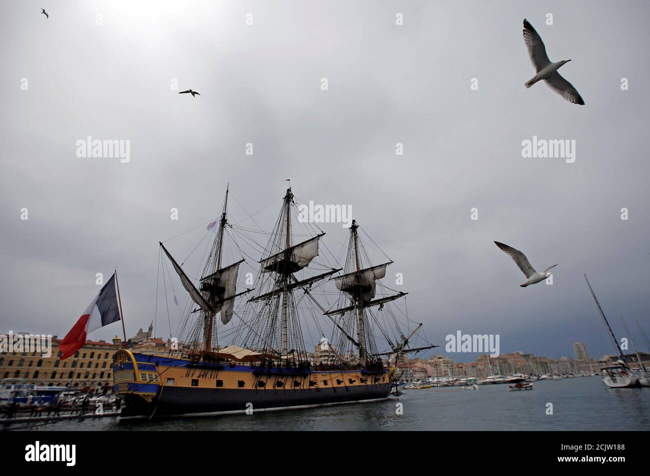 The Hermione, a replica of an 18th Century French sailing ship that  transported General La Fayette to America in 1780 to rally U.S. rebels  battling for independence, is moored at the Marseille