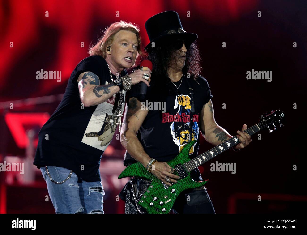 Axl Rose and Slash, lead singer and lead guitarist of U.S. rock band Guns N'  Roses, perform during their "Not in This Lifetime... Tour" at the du Arena  in Abu Dhabi, United