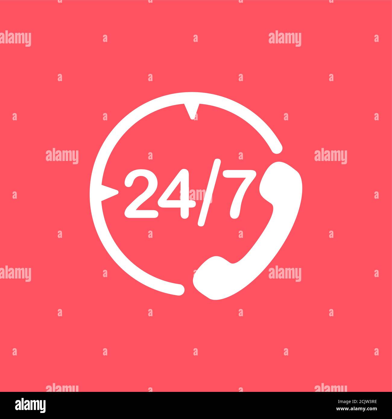 24 hours 7 day a week support call center icon. Flat vector illustration in white on red background. Stock Vector