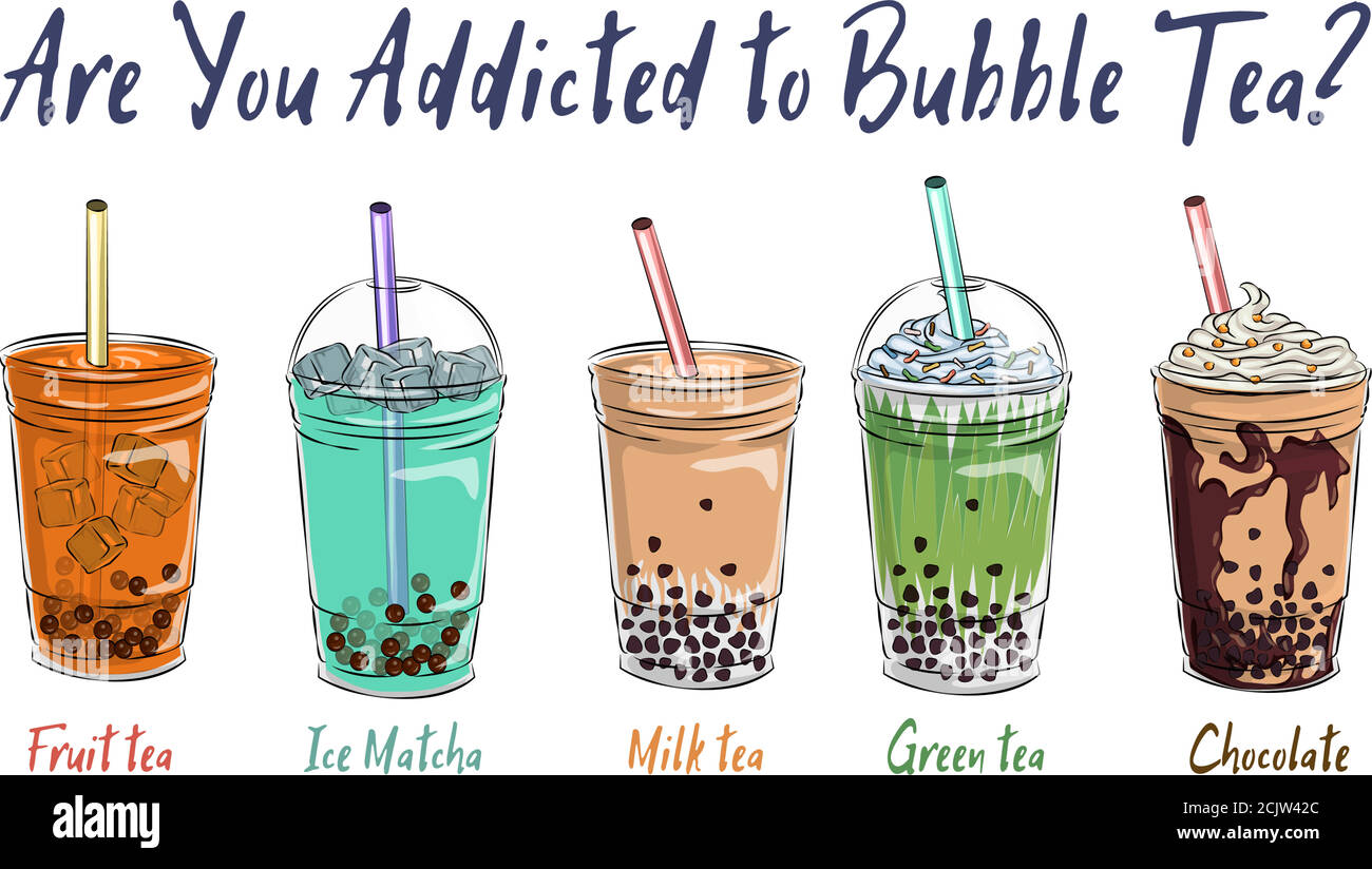 Bubble tea cup design collection, Yummy drinks, soft drinks with doodle