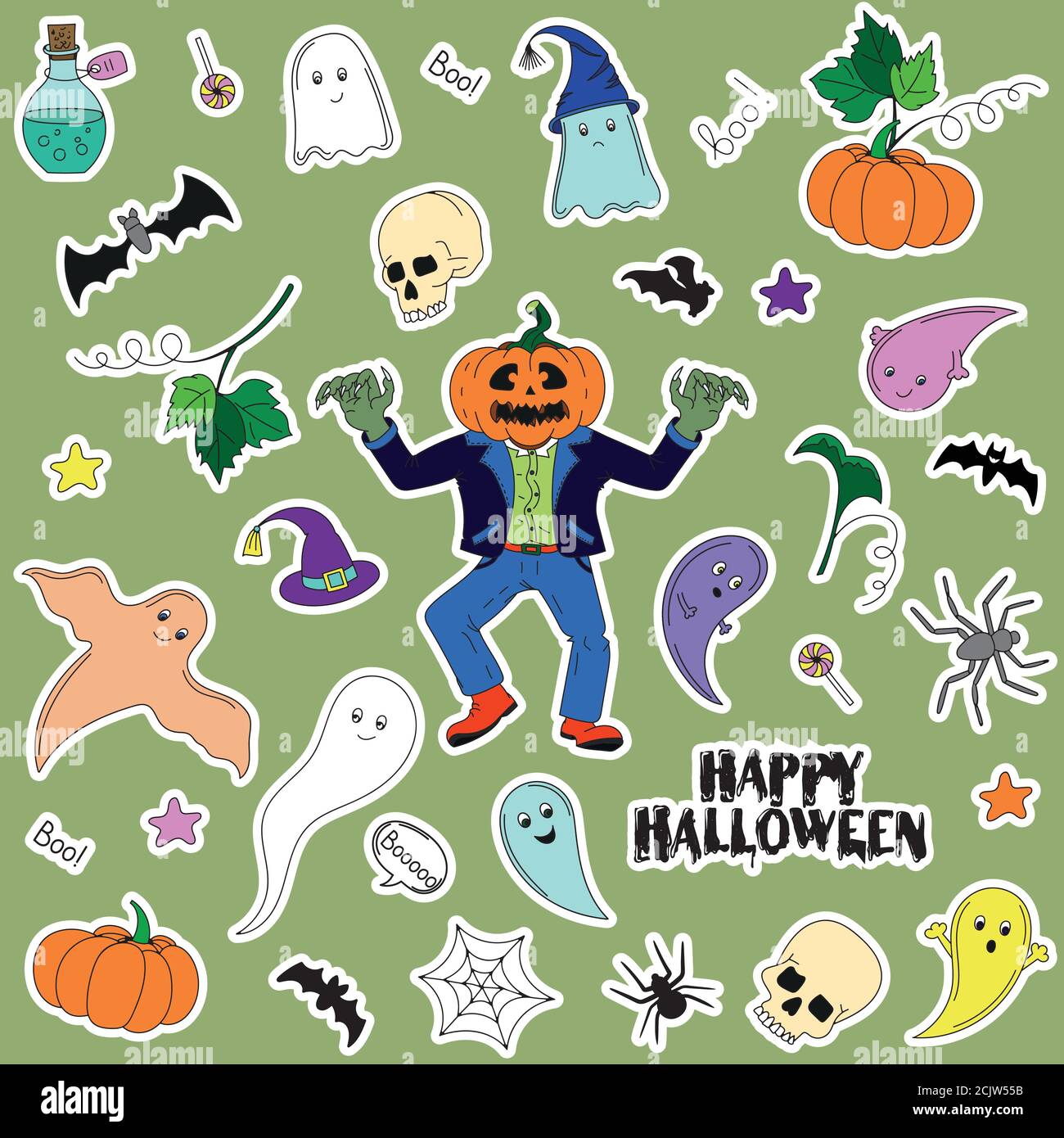 Halloween stickers with ghosts, pumpkins, skulls. in cartoon style. Cute vector icons for Halloween Stock Vector