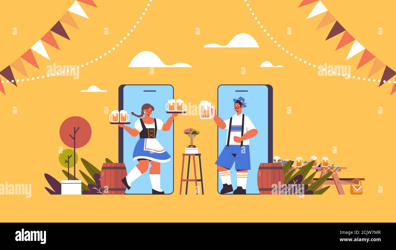 man woman on smartphone screens holding beer mugs Oktoberfest party celebration online communication self isolation concept horizontal full length vector illustration Stock Vector