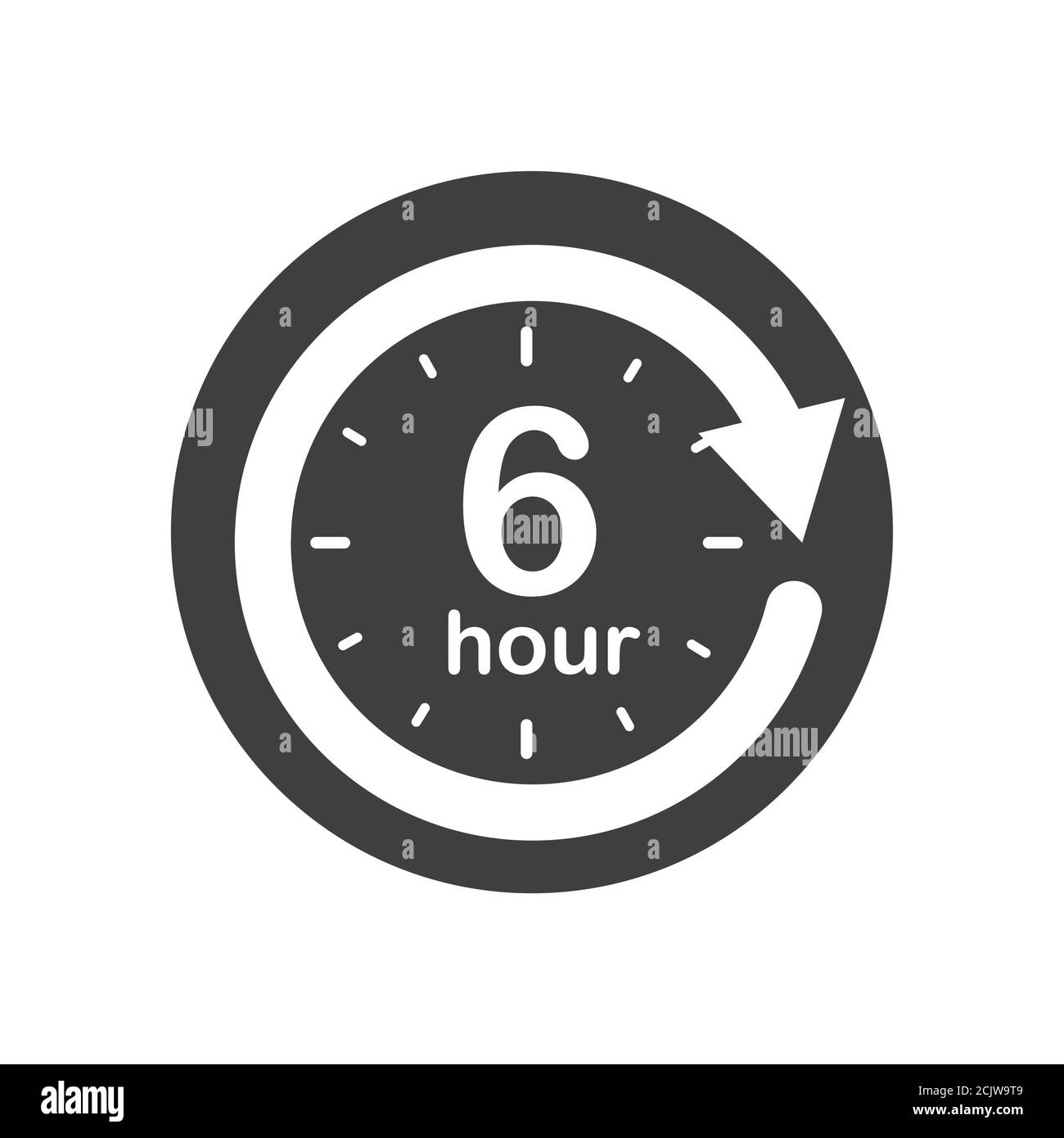 Six hours round icon with arrow. Black and white vector symbol Stock