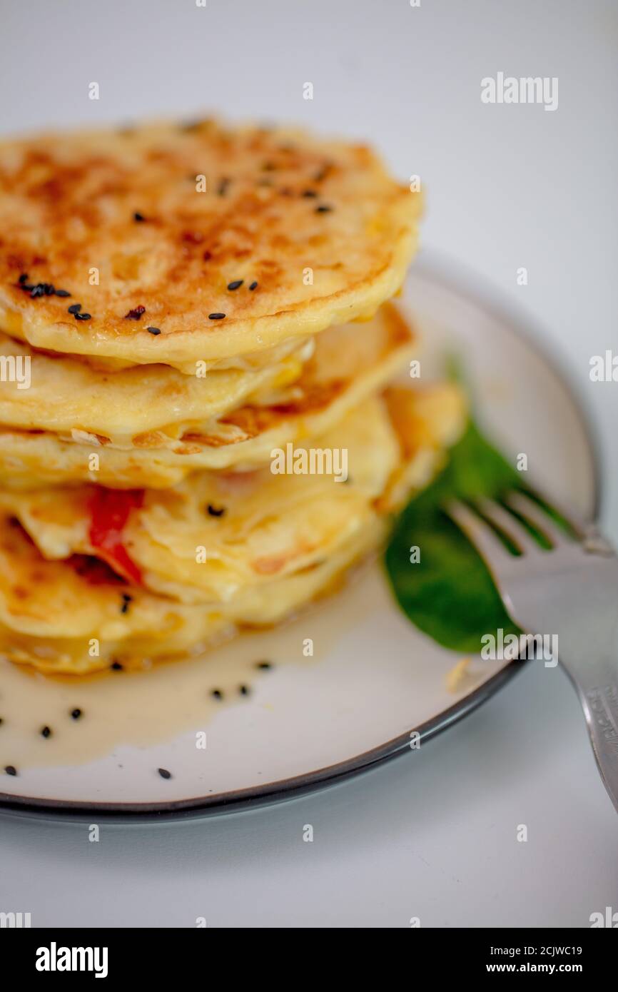 home made food for breakfast. close up cropped photo. blurred background.gourment food Stock Photo